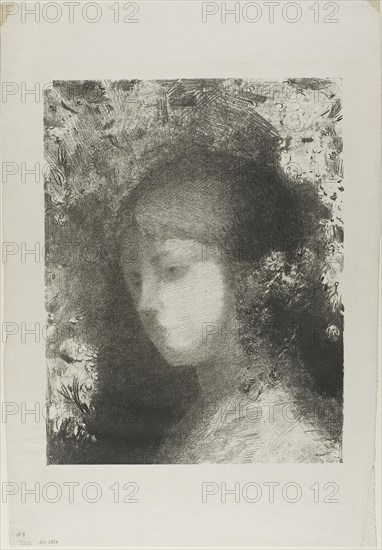 Child’s Head With Flowers, 1897, Odilon Redon, French, 1840-1916, France, Lithograph in black on light gray chine, 317 × 246 mm (image), 450 × 305 mm (sheet)