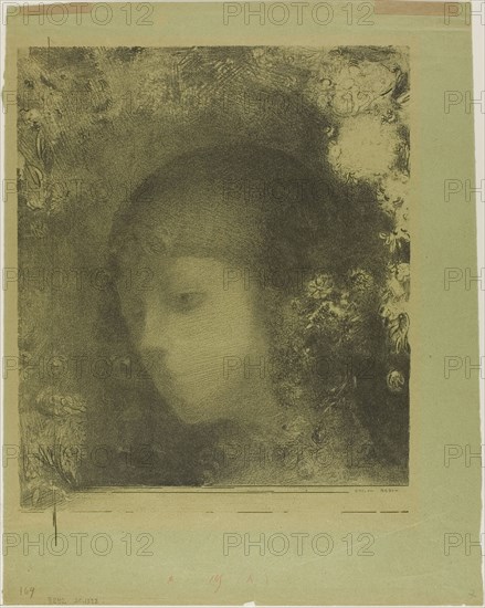 Child’s Head With Flowers, 1897, Odilon Redon, French, 1840-1916, France, Lithograph in black on green wove paper, 292 × 247 mm (image), 378 × 292 mm (sheet)