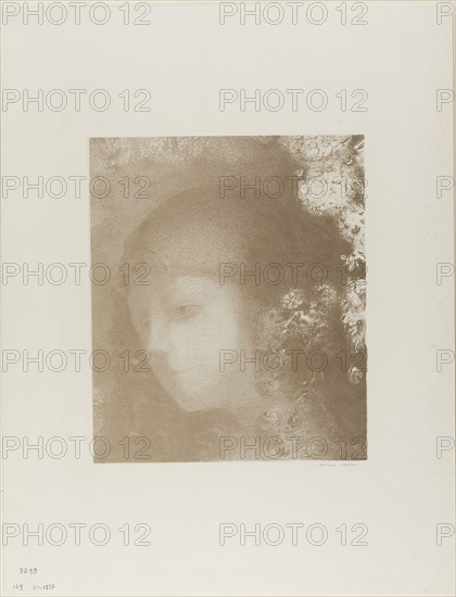 Child’s Head With Flowers, 1897, Odilon Redon, French, 1840-1916, France, Lithograph in brown on ivory China paper laid down on ivory wove paper, 249 × 211 mm (image/chine), 451 × 349 mm (sheet)