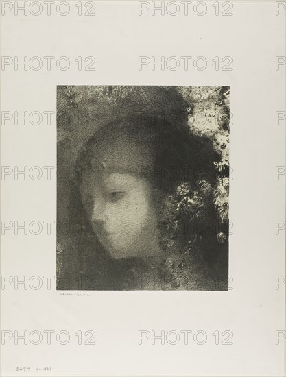 Child’s Head With Flowers, 1897, Odilon Redon, French, 1840-1916, France, Lithograph in black on ivory China paper laid down on ivory wove paper, 250 × 211 mm (image/chine), 453 × 348 mm (sheet)