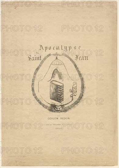 Cover/frontispiece for l’Apocalypse de Saint-Jean, 1899, Odilon Redon, French, 1840-1916, France, Bi-fold portfolio cover with lithographed text and image, in black on buff wove paper, 628 × 445 mm