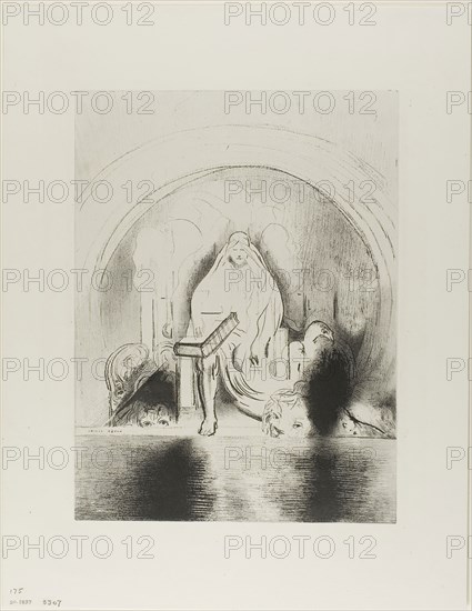 And I Saw in the Right Hand of Him that Sat on the Throne a Book Written Within and On the Backside, Sealed With Seven Seals, plate 2 of 12, 1899, Odilon Redon, French, 1840-1916, France, Lithograph in black on light gray China paper laid down on ivory wove paper, 324 × 242 mm (image/chine), 453 × 349 mm (sheet)