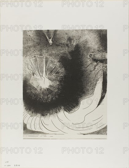 And There Fell a Great Star From Heaven, Burning as it Were a Lamp, plate 5 of 12, 1899, Odilon Redon, French, 1840-1916, France, Lithograph in black on cream China paper laid down on ivory wove paper, 300 × 229 mm (image/chine), 453 × 349 mm (sheet)