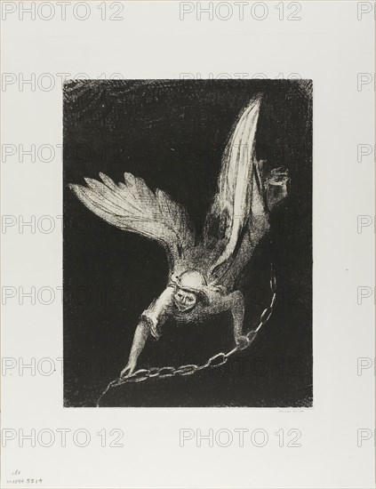 And I Saw an Angel Come Down from Heaven, Having the Key of the Bottomless Pit and a Great Chain in His Hand, plate 8 of 12, 1899, Odilon Redon, French, 1840-1916, France, Lithograph in black on cream China paper laid down on ivory wove paper, 304 × 232 mm (image), 306 × 235 mm (chine), 452 × 349 mm (sheet)