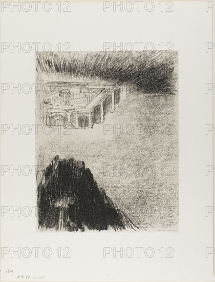 And I John Saw the Holy City, New Jerusalem, Coming Down from God Out of Heaven, plate 11 of 12, 1899, Odilon Redon, French, 1840-1916, France, Lithograph in black on light gray China paper laid down on ivory wove paper, 295 × 233 mm (image/chine), 451 × 347 mm (sheet)