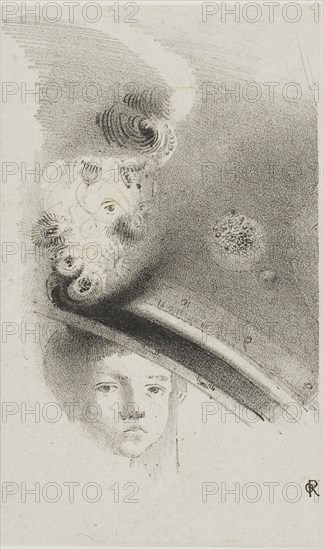Untitled Trial Lithograph, 1900, Odilon Redon, French, 1840-1916, France, Lithograph in black on light gray China paper laid down on white wove paper, 107 × 70 mm (image), 121 × 72 mm (chine), 361 × 274 mm (sheet)