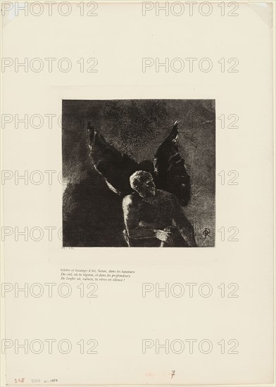 Glory and Praise to You, Satan, in the Heights of Heaven, Where You Reigned, and in the Depths of Hell, Where, Vanquished, You Dream in Silence!, plate 8 of 9, 1890, Odilon Redon, French, 1840-1916, France, Photogravure made from an original drawing, in black on ivory wove paper, 210 × 211 mm (plate), 447 × 314 mm (sheet)
