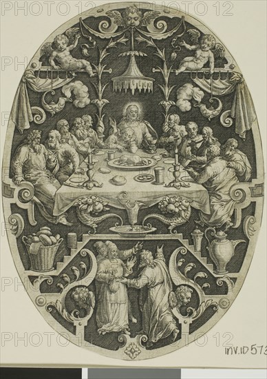Last Supper, from Passion of Christ, 1575/1600, Jan Sadeler, the Elder (Flemish, 1550-1600), after Marcus Gheeraerts, the Elder (Flemish, c. 1520-c. 1590), Flanders, Engraving in black on ivory laid paper, 152 × 111 mm (plate, oval cropped to image)