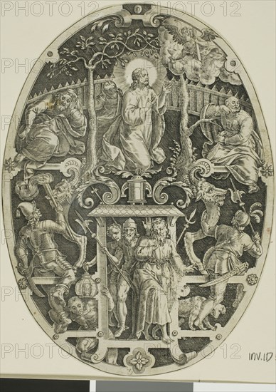 Agony in the Garden, from Passion of Christ, 1575/1600, Jan Sadeler, the Elder (Flemish, 1550-1600), after Marcus Gheeraerts, the Elder (Flemish, c. 1520-c. 1590), Flanders, Engraving in black on ivory laid paper, 152 × 111 mm (plate, oval cropped to image)