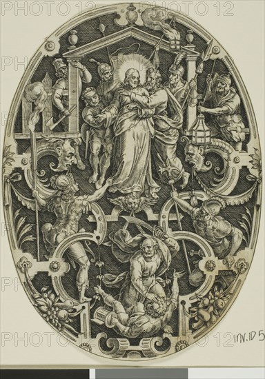 Betrayal of Christ, from Passion of Christ, 1575/1600, Jan Sadeler, the Elder (Flemish, 1550-1600), after Marcus Gheeraerts, the Elder (Flemish, c. 1520-c. 1590), Flanders, Engraving in black on ivory laid paper, 154 × 110 mm (plate, oval cropped to image)
