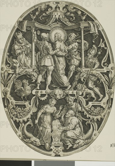 Arrest of Christ, from Passion of Christ, 1575/1600, Jan Sadeler, the Elder (Flemish, 1550-1600), after Marcus Gheeraerts, the Elder (Flemish, c. 1520-c. 1590), Flanders, Engraving in black on ivory laid paper, 152 × 112 mm (plate, oval cropped to image)