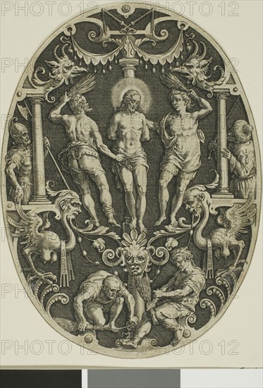 Flagellation, from Passion of Christ, 1575/1600, Jan Sadeler, the Elder (Flemish, 1550-1600), after Marcus Gheeraerts, the Elder (Flemish, c. 1520-c. 1590), Flanders, Engraving in black on ivory laid paper, 152 × 111 mm (plate, oval cropped to image)