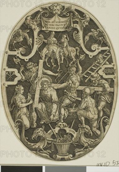 Carrying of the Cross, from Passion of Christ, 1575/1600, Jan Sadeler, the Elder (Flemish, 1550-1600), after Marcus Gheeraerts, the Elder (Flemish, c. 1520-c. 1590), Flanders, Engraving in black on ivory laid paper, 152 × 112 mm (plate, oval cropped to image)
