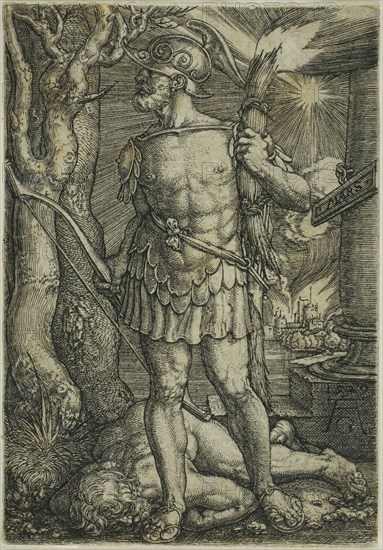 Mars, 1529, Heinrich Aldegrever, German, 1502-c.1560, Germany, Engraving in black on ivory laid paper, 81 x 57 mm (image/plate/plate)