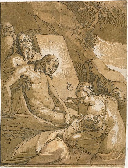 The Entombment, 1585, Andrea Andreani (Italian, 1558/59-1629), after Raffaellino Motta da Reggio (Italian, 1550-1578), Italy, Chiaroscuro woodcut in black and burnt sienna, on white laid paper, 418 x 323 mm