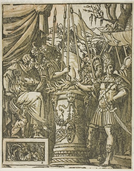 Mucius Scevola, 1608, Andrea Andreani (Italian, c. 1558-1629), after Baldessare Peruzzi (Italian, 1481-1536), Italy, Chiaroscuro woodcut in greenish gray and black on cream laid paper, 265 x 209 mm