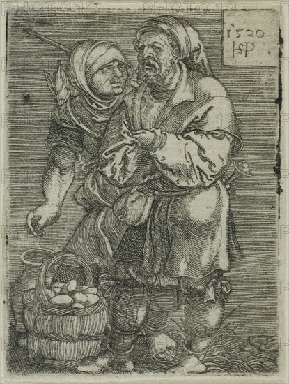Peasant Couple Selling Eggs, 1520, Sebald Beham, German, 1500-1550, Germany, Etching in black on ivory laid paper, 53 x 39 mm (image/plate), 54 x 41 mm (sheet)