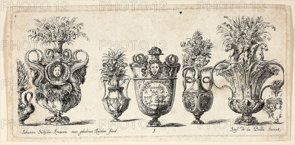 Plate One from Raccolta di Vasi diversi di Stef. de la Bella Fiorentino, 1646, Johanna Sibylla Kusell (Kuslin Kraus) (German, active 1650-1717), after Stefano della Bella (Italian, 1610-1664), Germany, Etching on paper, 105 x 215 mm (sheet)