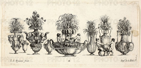 Plate Two from Raccolta di Vasi diversi di Stef. de la Bella Fiorentino, 1646, Johanna Sibylla Kusell (Kuslin Kraus) (German, active 1650-1717), after Stefano della Bella (Italian, 1610-1664), Germany, Etching on paper, 105 x 215 mm (sheet)