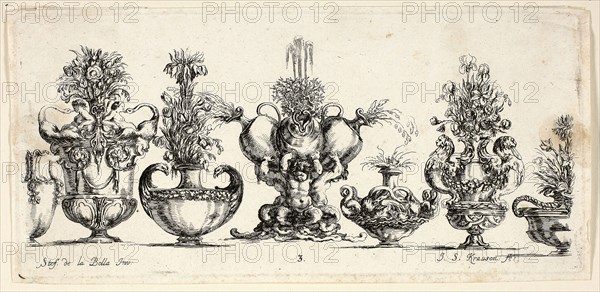 Plate Three from Raccolta di Vasi diversi di Stef. de la Bella Fiorentino, 1646, Johanna Sibylla Kusell (Kuslin Kraus) (German, active 1650-1717), after Stefano della Bella (Italian, 1610-1664), Germany, Etching on paper, 100 x 215 mm (sheet)