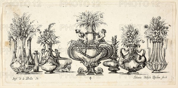 Plate Four from Raccolta di Vasi diversi di Stef. de la Bella Fiorentino, 1646, Johanna Sibylla Kusell (Kuslin Kraus) (German, active 1650-1717), after Stefano della Bella (Italian, 1610-1664), Germany, Etching on paper, 103 x 215 mm (sheet)