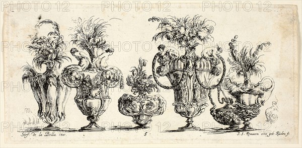 Plate Five from Raccolta di Vasi diversi di Stef. de la Bella Fiorentino, 1646, Johanna Sibylla Kusell (Kuslin Kraus) (German, active 1650-1717), after Stefano della Bella (Italian, 1610-1664), Germany, Etching on paper, 100 x 215 mm (sheet)