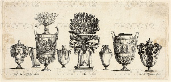 Plate Six from Raccolta di Vasi diversi di Stef. de la Bella Fiorentino, 1646, Johanna Sibylla Kusell (Kuslin Kraus) (German, active 1650-1717), after Stefano della Bella (Italian, 1610-1664), Germany, Etching on paper, 100 x 215 mm (sheet)