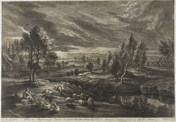 Landscape with Sheep, from The Small Landscapes, c. 1638, Schelte Adamsz. Bolswert (Dutch, active in Flanders, c. 1586–1659), after Peter Paul Rubens (Flemish, c. 1577-1640), Flanders, Engraving on ivory laid paper, 305 × 455 mm (image), 318 × 458 mm (sheet)