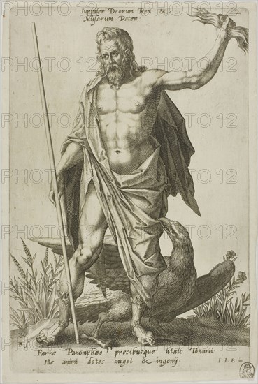 Jupiter, plate 2 from Parnassus Biceps, 1601, Robert Boissard (French, c. 1570–after 1597), after Jean-Jacques Boissard (French, 1533-1598), Frankfurt an der Oder, Engraving in black on ivory laid paper, 253 × 178 mm (image), 272 × 178 mm (plate), 282 × 190 mm (sheet)