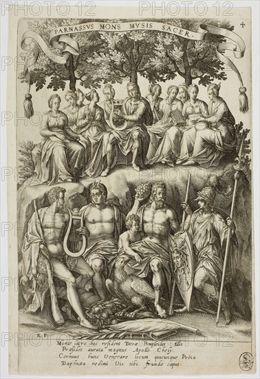 Parnassus, plate 4 from Parnassus Biceps, 1601, Robert Boissard (French, c. 1570–after 1597), after Jean-Jacques Boissard (French, 1533-1598), Frankfurt an der Oder, Engraving in black on ivory laid paper, 246 × 180 mm (image), 271 × 180 mm (plate), 280 × 187 mm (sheet)