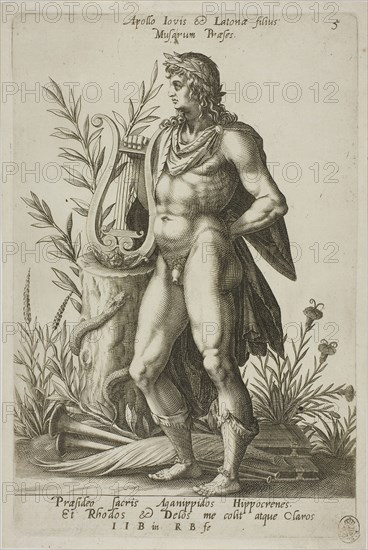 Apollo, plate 5 from Parnassus Biceps, 1601, Robert Boissard (French, c. 1570–after 1597), after Jean-Jacques Boissard (French, 1533-1598), Frankfurt an der Oder, Engraving in black on ivory laid paper, 250 × 179 mm (image), 271 × 179 mm (plate), 284 × 188 mm (sheet)