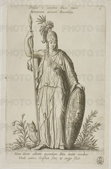 Pallas Athena, plate 6 from Parnassus Biceps, 1601, Johann Theodor de Bry (German, 1561-1623), after Jean-Jacques Boissard (French, 1533-1598), Frankfurt an der Oder, Engraving in black on ivory laid paper, 236 × 160 mm (image), 258 × 160 mm (plate), 274 × 175 mm (sheet)