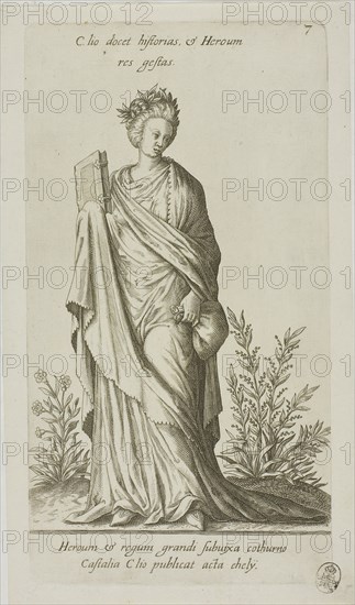 Clio, Muse of History, plate 7 from Parnassus Biceps, 1601, Johann Theodor de Bry (German, 1561-1623), or Robert Boissard (French, c. 1570-after 1597), after Jean-Jacques Boissard (French, 1533-1598), Frankfurt an der Oder, Engraving in black on ivory laid paper, 235 × 139 mm (image), 257 × 139 mm (plate), 276 × 160 mm (sheet)