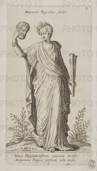 Melpomene, Muse of Tragedy, plate 8 from Parnassus Biceps, 1601, Johann Theodor de Bry (German, 1561-1623), after Jean-Jacques Boissard (French, 1533-1598), Frankfurt an der Oder, Engraving in black on ivory laid paper, 235 × 140 mm (image), 257 × 140 mm (plate), 278 × 164 mm (sheet)