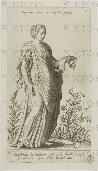 Terpsichore, Muse of Dance, plate 9 from Parnassus Biceps, 1601, Johann Theodor de Bry (German, 1561-1623), after Jean-Jacques Boissard (French, 1533-1598), Frankfurt an der Oder, Engraving in black on ivory laid paper, 241 × 140 mm (image), 260 × 140 mm (plate), 282 × 163 mm (sheet)
