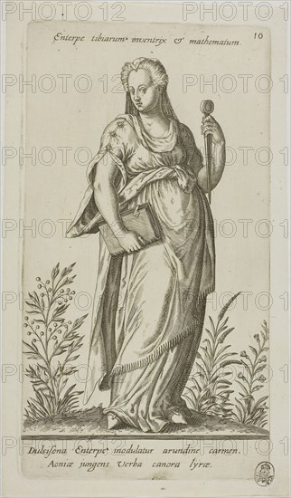 Enterpe, Muse of Music, plate 10 from Parnassus Biceps, 1601, Johann Theodor de Bry (German, 1561-1623), or Robert Boissard (French, c. 1570-after 1597), after Jean-Jacques Boissard (French, 1533-1598), Frankfurt an der Oder, Engraving in black on ivory laid paper, 237 × 141 mm (image), 260 × 143 mm (plate), 280 × 163 mm (sheet)