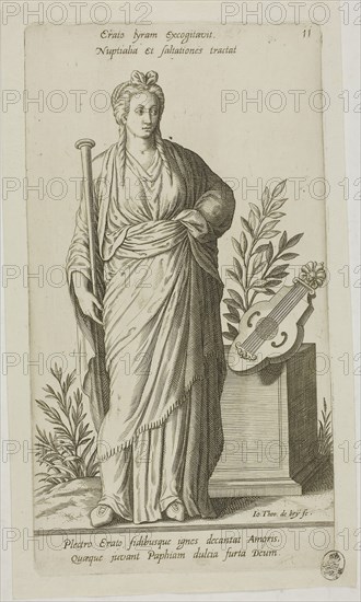 Erato, Muse of Lyric Poetry, plate 11 from Parnassus Biceps, 1601, Johann Theodor de Bry (German, 1561-1623), after Jean-Jacques Boissard (French, 1533-1598), Frankfurt an der Oder, Engraving in black on ivory laid paper, 237 × 142 mm (image), 259 × 142 mm (plate), 280 × 161 mm (sheet)