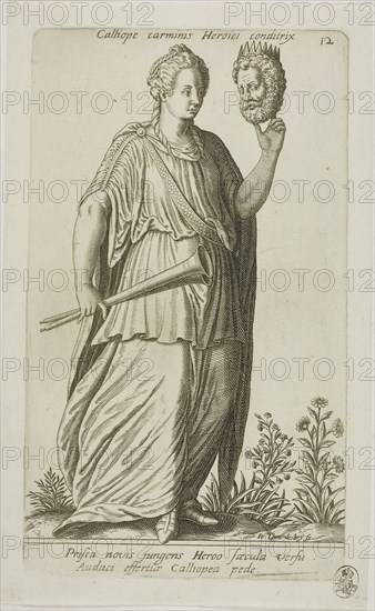 Calliope, Muse of Epic Poetry, plate 12 from Parnassus Biceps, 1601, Johann Theodor de Bry (German, 1561-1623), after Jean-Jacques Boissard (French, 1533-1598), Frankfurt an der Oder, Engraving in black on ivory laid paper, 223 × 140 mm (image), 240 × 140 mm (plate), 260 × 160 mm (sheet)
