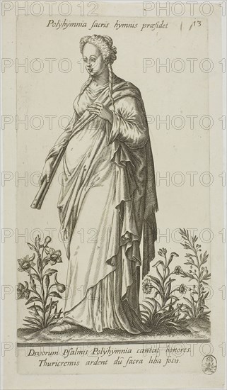 Polyhymnia, Muse of Hymns, plate 13 from Parnassus Biceps, 1601, Johann Theodor de Bry (German, 1561-1623), or Robert Boissard (French, c. 1570-after 1597), after Jean-Jacques Boissard (French, 1533-1598), Frankfurt an der Oder, Engraving in black on ivory laid paper, 239 × 140 mm (image), 259 × 140 mm (plate), 278 × 160 mm (sheet)