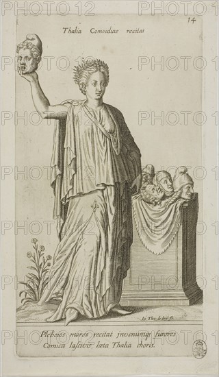 Thalia, Muse of Comedy, plate 14 from Parnassus Biceps, 1601, Johann Theodor de Bry (German, 1561-1623), after Jean-Jacques Boissard (French, 1533–1598), Frankfurt an der Oder, Engraving in black on ivory laid paper, 232 × 140 mm (image), 258 × 140 mm (plate), 280 × 163 mm (sheet)