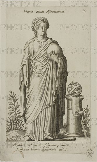 Urania, Muse of Astronomy, plate 15 from Parnassus Biceps, 1601, Johann Theodor de Bry (German, 1561-1623), after Jean-Jacques Boissard (French, 1533-1598), Frankfurt an der Oder, Engraving in black on ivory laid paper, 220 × 139 mm (image), 239 × 139 mm (plate), 263 × 159 mm (sheet)