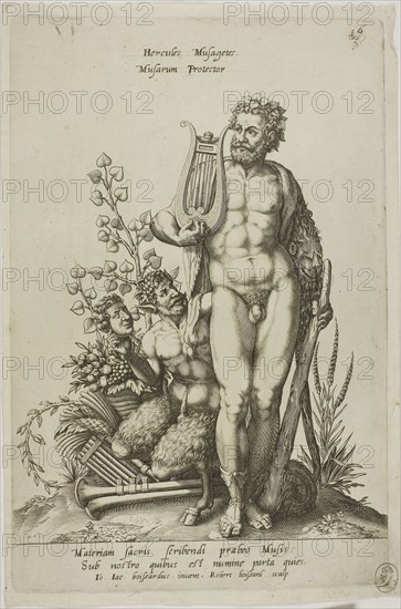 Hercules, plate 16 from Parnassus Biceps, 1601, Robert Boissard (French, c. 1570–after 1597), after Jean-Jacques Boissard (French, 1533-1598), Frankfurt an der Oder, Engraving in black on ivory laid paper, 251 × 180 mm (image), 274 × 180 mm (plate), 285 × 189 mm (sheet)