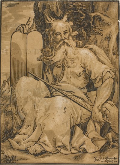 Moses with the Tables of the Law, n.d., Ludolph Büsinck (German, 1585-1648), after G.L’Allemand, Germany, Chiaroscuro woodcut from three blocks on paper, 390 x 283 mm