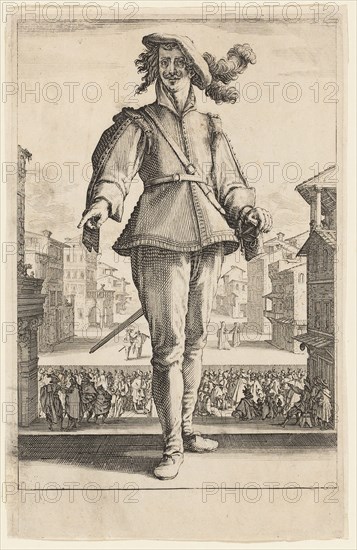 The Captain or The Lover, from Three Italian Comedians, 1618–20, Jacques Callot, French, 1592-1635, France, Etching on paper, 214 × 146 mm (image), 244 × 157 mm (sheet)