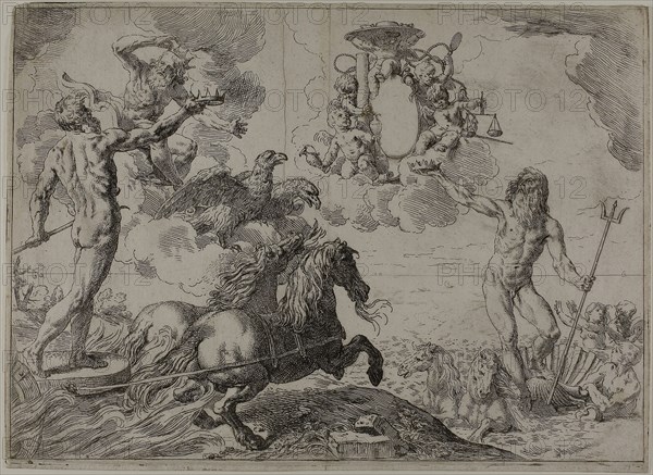 Jupiter, Neptune and Pluto Offering their Crowns to the Arms of Cardinal Borghese, 1640/45, Simone Cantarini, Italian, 1612-1648, Italy, Etching on ivory laid paper, 310 x 435 mm (image), 315 x 440 mm (plate), 320 x 440 mm (sheet)