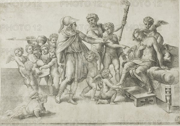Alexander and Roxana, 16th century, Giovanni Jacopo Caraglio (Italian, 1500/05–1565), after Rafaello Sanzio, called Raphael (Italian, 1483–1520), Italy, Engraving printed in black on paper, 219 x 312 mm