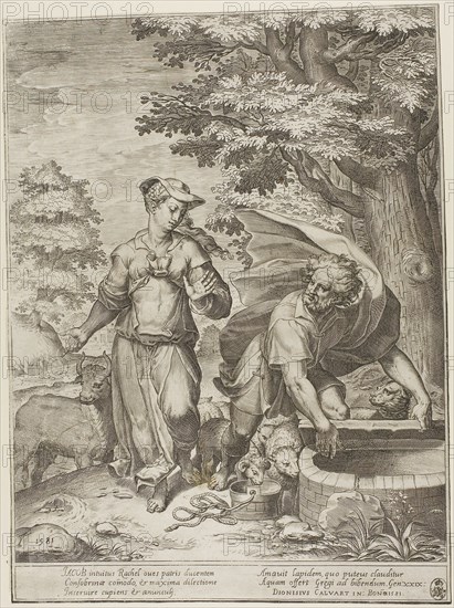 Jacob and Rachel, 1581, Agostino Carracci (Italian, 1557-1602), after Denys Calvaert (Flemish, 1540-1619), Italy, Engraving on ivory laid paper, 391 x 289 mm (image/sheet, cut within plate mark)