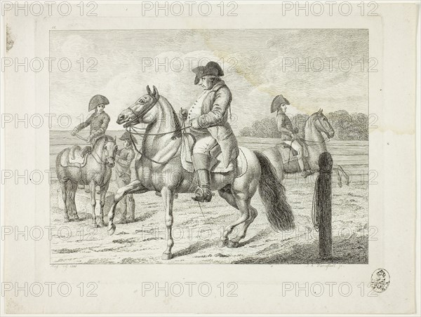 Riding School and Horses, 1806, Johann Adolph Darnstedt, German, 1769-1844, Germany, Etching on ivory wove paper, 138 × 181 mm (image), 150 × 204 mm (plate), 183 × 240 mm (sheet)