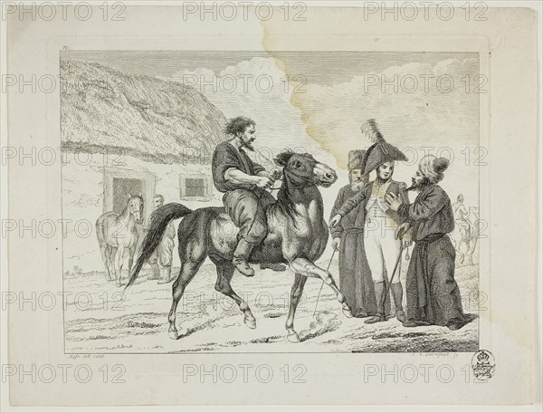 Riding School and Horses, 1806, Johann Adolph Darnstedt, German, 1769-1844, Germany, Etching on ivory wove paper, 138 × 191 mm (image), 155 × 203 mm (plate), 184 × 240 mm (sheet)