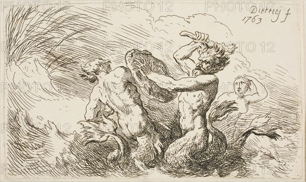 Battle of the Tritons, 1763, Christian Wilhelm Ernst Dietrich, German, 1712-1774, Germany, Etching on paper, 84 x 142 mm (plate), 87 x 145 mm (sheet)